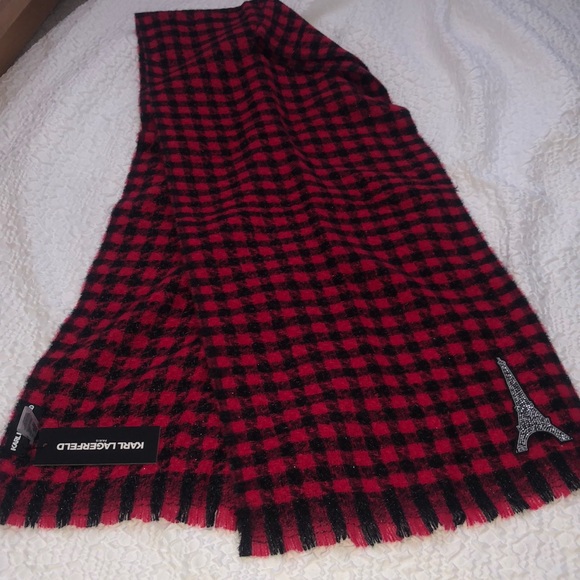 Karl Lagerfeld Crimson & Black Plaid Rectangular Scarf Eiffel Tower Patch NWT - Picture 12 of 16